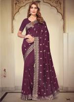 Vichitra Blooming Wine Wedding Wear Embroidery Work Saree